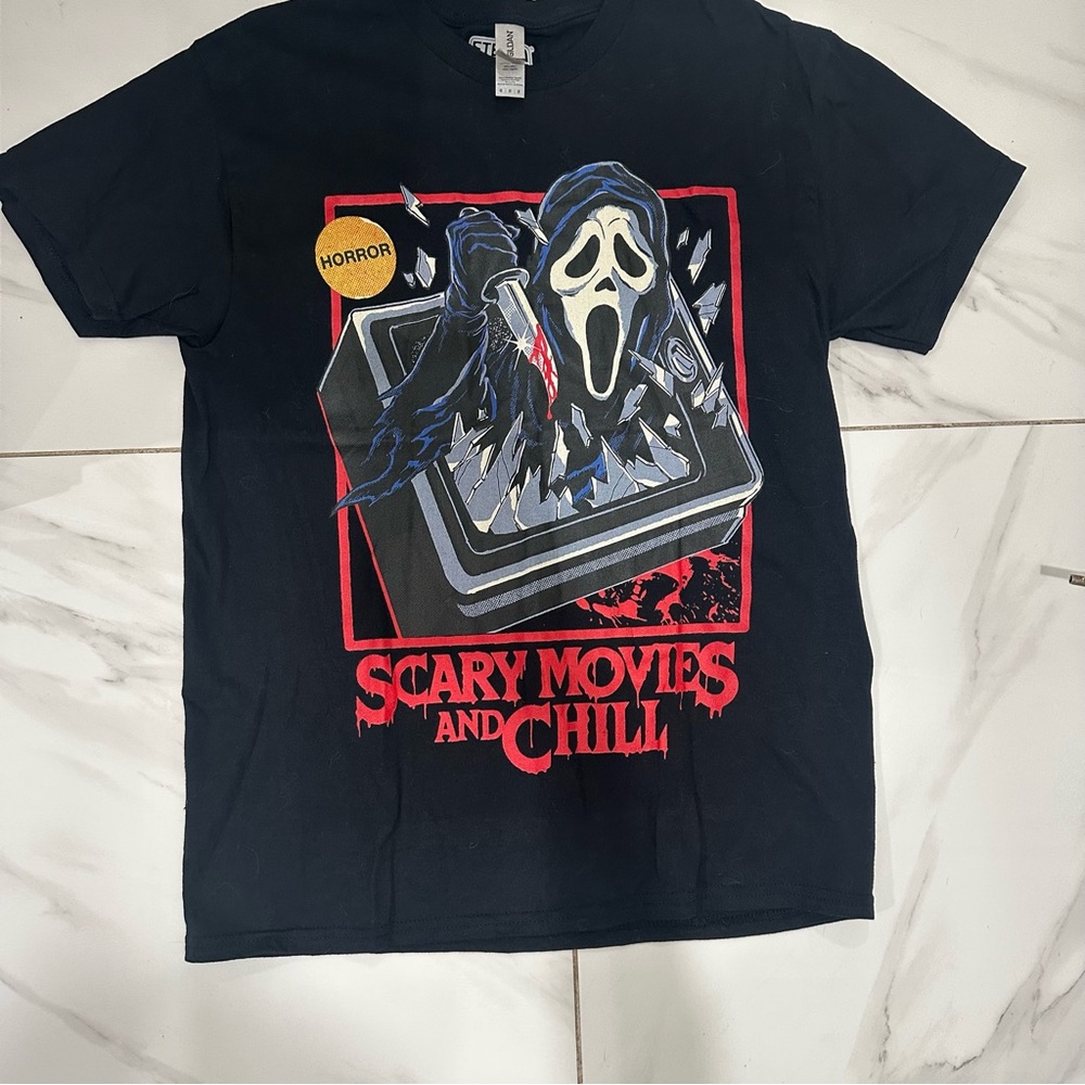 Gildan Black Graphic Tee with Red and Blue Accents